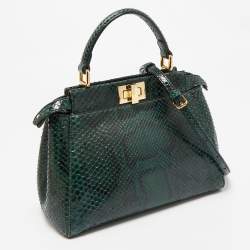 Pre Owned Fendi Green/Black Python Mini Peekaboo Top Handle Bag
