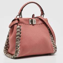 Pre Owned Fendi Old Rose Leather and Snakeskin Leather Mini Whipstitch Peekaboo Top Handle Bag
