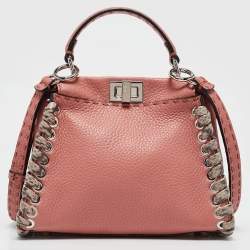 Pre Owned Fendi Old Rose Leather and Snakeskin Leather Mini Whipstitch Peekaboo Top Handle Bag