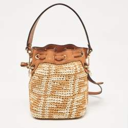 Fendi Brown/Beige Zucca Leather and Raffia Mini Mon Tresor Drawstring Bucket Bag