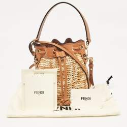 Fendi Brown/Beige Zucca Leather and Raffia Mini Mon Tresor Drawstring Bucket Bag