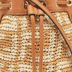 Fendi Brown/Beige Zucca Leather and Raffia Mini Mon Tresor Drawstring Bucket Bag