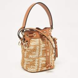 Fendi Brown/Beige Zucca Leather and Raffia Mini Mon Tresor Drawstring Bucket Bag