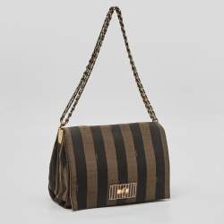 Pre Owned Fendi Tobacco Pequin Stripe Canvas Large Claudia Shoulder Bag