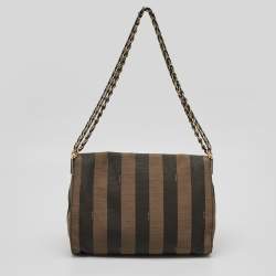 Pre Owned Fendi Tobacco Pequin Stripe Canvas Large Claudia Shoulder Bag