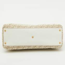 Pre Owned Fendi Beige/White Zucca Fabric and Leather Large Selleria Peekaboo Top Handle Bag