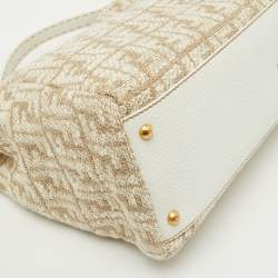 Pre Owned Fendi Beige/White Zucca Fabric and Leather Large Selleria Peekaboo Top Handle Bag