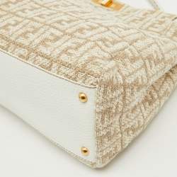 Pre Owned Fendi Beige/White Zucca Fabric and Leather Large Selleria Peekaboo Top Handle Bag