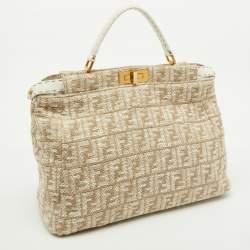 Pre Owned Fendi Beige/White Zucca Fabric and Leather Large Selleria Peekaboo Top Handle Bag
