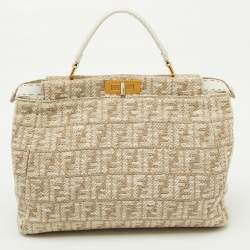 Pre Owned Fendi Beige/White Zucca Fabric and Leather Large Selleria Peekaboo Top Handle Bag