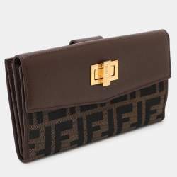 Pre Owned Fendi Tobacco Zucca Canvas and Leather Turnlock Flap Continental Wallet