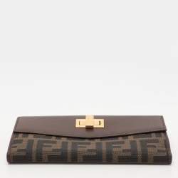 Pre Owned Fendi Tobacco Zucca Canvas and Leather Turnlock Flap Continental Wallet