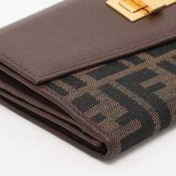 Pre Owned Fendi Tobacco Zucca Canvas and Leather Turnlock Flap Continental Wallet