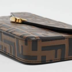 Pre Owned Fendi Tobacco/Black Zucca Embossed Leather FF Wallet On Chain