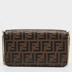 Pre Owned Fendi Tobacco/Black Zucca Embossed Leather FF Wallet On Chain