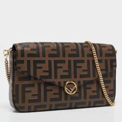 Pre Owned Fendi Tobacco/Black Zucca Embossed Leather FF Wallet On Chain