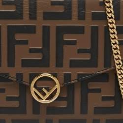 Pre Owned Fendi Tobacco/Black Zucca Embossed Leather FF Wallet On Chain