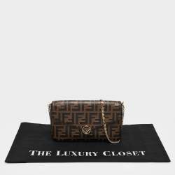 Pre Owned Fendi Tobacco/Black Zucca Embossed Leather FF Wallet On Chain