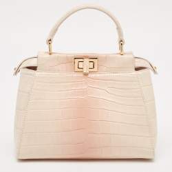 Pre Owned Fendi Shiny Beige Crocodile Mini Peekaboo Top Handle Bag