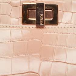 Pre Owned Fendi Shiny Beige Crocodile Mini Peekaboo Top Handle Bag