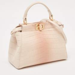 Pre Owned Fendi Shiny Beige Crocodile Mini Peekaboo Top Handle Bag