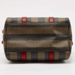 Pre Owned Fendi Tobacco Pequin Striped Coated Canvas and Leather Boston Bag