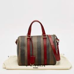 Pre Owned Fendi Tobacco Pequin Striped Coated Canvas and Leather Boston Bag