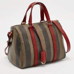 Pre Owned Fendi Tobacco Pequin Striped Coated Canvas and Leather Boston Bag