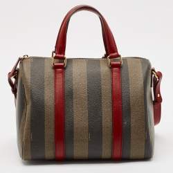 Pre Owned Fendi Tobacco Pequin Striped Coated Canvas and Leather Boston Bag