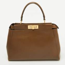 Fendi Brown Leather Medium Peekaboo Top Handle Bag