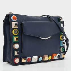 Pre Owned Fendi Navy Blue Leather Rainbow Studded Crossbody Bag