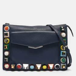 Pre Owned Fendi Navy Blue Leather Rainbow Studded Crossbody Bag