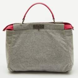 Pre Owned Fendi Grey/Pink Jersey and Leather Large Limited Edition Peekaboo Top Handle Bag