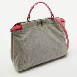 Pre Owned Fendi Grey/Pink Jersey and Leather Large Limited Edition Peekaboo Top Handle Bag