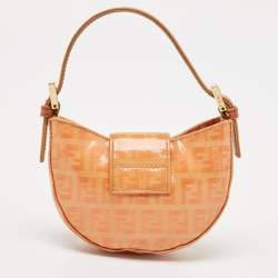 Pre Owned Fendi Orange Zuchinno Coated Fabric Micro Croissant Hobo