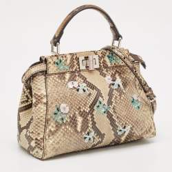 Pre Owned Fendi Beige/Black Python Mini Embellished Peekaboo Top Handle Bag