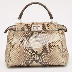 Pre Owned Fendi Beige/Black Python Mini Embellished Peekaboo Top Handle Bag