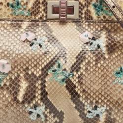 Pre Owned Fendi Beige/Black Python Mini Embellished Peekaboo Top Handle Bag