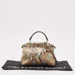 Pre Owned Fendi Beige/Black Python Mini Embellished Peekaboo Top Handle Bag