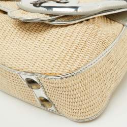 Fendi Beige/Silver Raffia and Patent Leather B Shoulder Bag