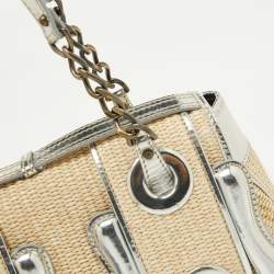Fendi Beige/Silver Raffia and Patent Leather B Shoulder Bag
