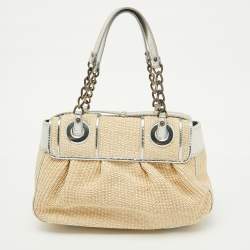 Fendi Beige/Silver Raffia and Patent Leather B Shoulder Bag