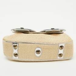 Fendi Beige/Silver Raffia and Patent Leather B Shoulder Bag