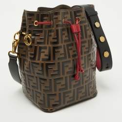Fendi Brown/Red Zucca Leather Mon Tresor Bucket Bag