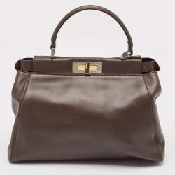 Fendi Dark Brown Leather Medium Peekaboo Top Handle Bag