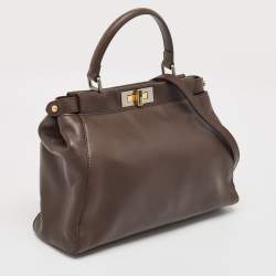 Fendi Dark Brown Leather Medium Peekaboo Top Handle Bag