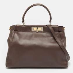 Fendi Dark Brown Leather Medium Peekaboo Top Handle Bag