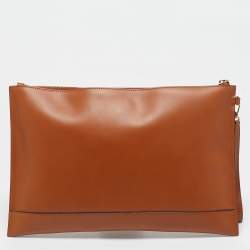 Pre Owned Fendi Brown Leather Flat Zip Wristlet Pouch