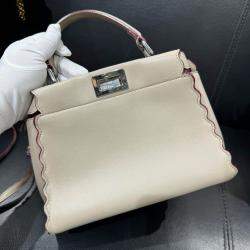 Pre Owned Fendi Grigio Polvere Nappa Embroidered Flower Scalloped Mini Peekaboo Iconic Satchel Bag