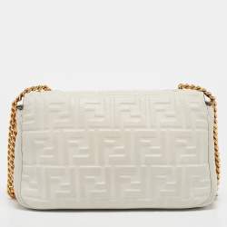 Pre Owned Fendi White FF Embossed Leather Midi Chain Baguette Bag